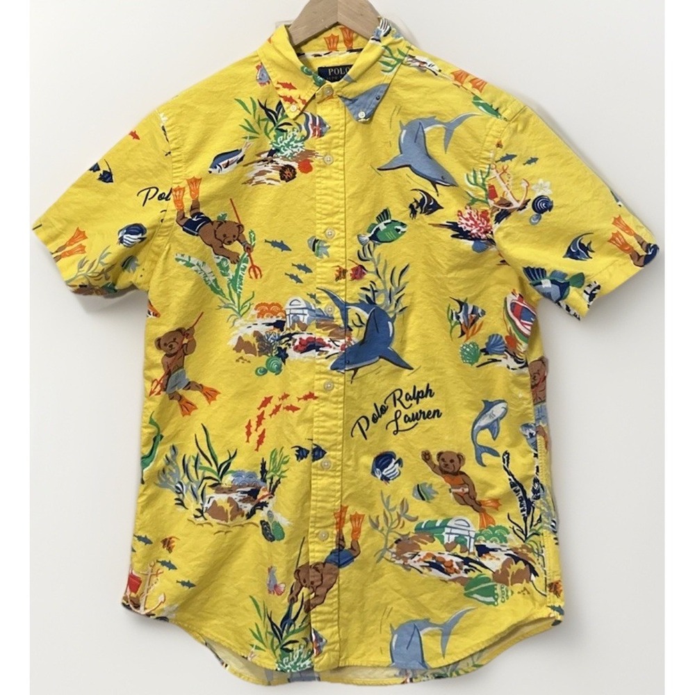 RARE Mens Polo Ralph Lauren AOP Bear Printβ Swimming Fishes S/S Button Shirt Med